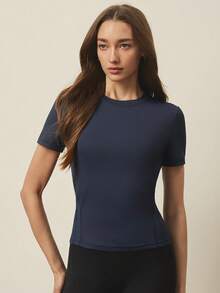 With My Calm With My Calm Kaos Olahraga Lengan Pendek Kasual Musim Panas dengan Grafis Huruf dan Bahan Bernapas - Navy Blue - View 2