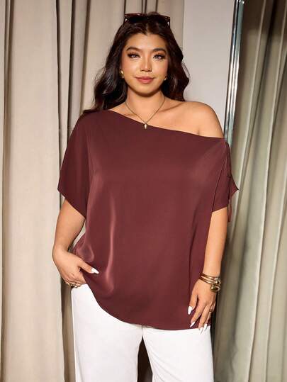 Elaquor Plus Size Elegant Commuter Solid Color Asymmetric Collar Blouse, Summer