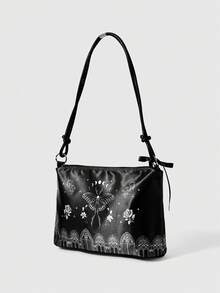 ROMWE Goth 時尚蛇星月花卉飛蛾宮殿建築圖案大容量女款手提包 1688797 - 宮廷蝴蝶 - 查看 4