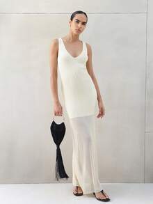 KSTM Womens Ribbed Knit V-Neck Sleeveless Midi Dress Semi Sheer Bodycon Tank Summer Casual Evening Versatile Dress - Yellow - View 1