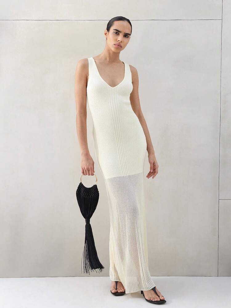 KSTM Women's Ribbed Knit V-Neck Sleeveless Midi Dress Semi Sheer Bodycon Tank Summer Casual Evening Versatile Dress