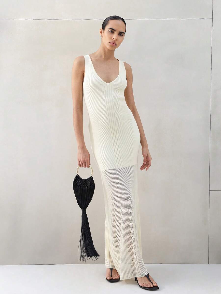 KSTM Womens Ribbed Knit V-Neck Sleeveless Midi Dress Semi Sheer Bodycon Tank Summer Casual Evening Versatile Dress - Yellow - View 1