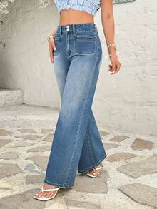 Rivivi Fashionable Casual Washed Straight Leg Jeans With Pockets - Medium Wash - View 5