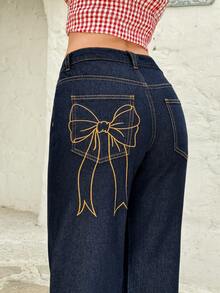 Rivivi 蝴蝶结刺绣时尚水洗直筒牛仔裤 - 深色水洗藍 - 查看 3
