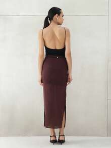 KSTM Elegant Burgundy Layered Sheer Wrap Skirt With Button Details For Fall Autumn Midi Length A-Line Semi Transparent Chiffon Fashion - Brown - View 2
