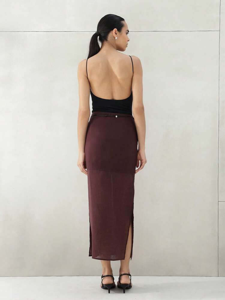 KSTM Elegant Burgundy Layered Sheer Wrap Skirt With Button Details For Fall Autumn Midi Length A-Line Semi Transparent Chiffon Fashion