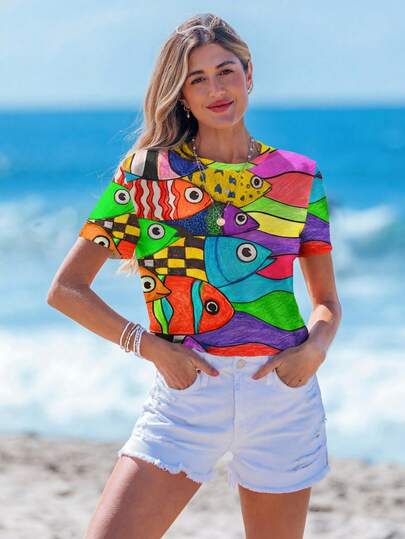 Sylviya Versatile Slim Fit Casual Minimalist Round Neck Short Sleeve Loose Women T-Shirt With Ocean Fish Artistic Pattern Suitable For Going Out,Casual