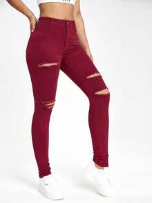 SHEIN ICON Jeans pitillo negros con bolsillos sesgados y rotos - Burdeos - Ver 4