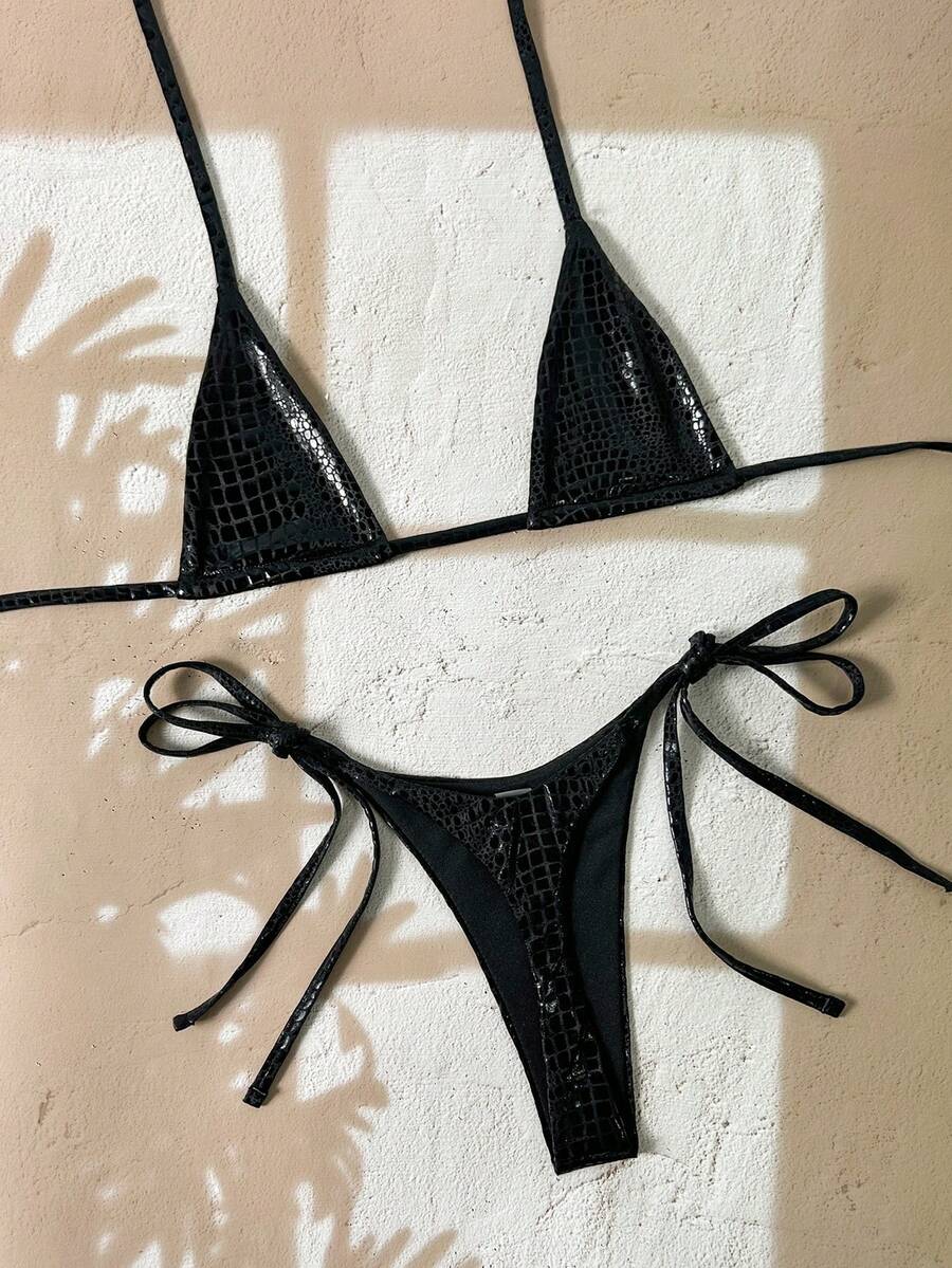 Swim SXY Bộ bikini hai mảnh họa tiết da rắn, kiểu buộc dây cổ, đồ bơi gợi cảm cho kỳ nghỉ hè/xuân trên bãi biển. Bộ bikini màu đen dành cho nữ, bộ bikini gợi cảm, bộ bikini cạp cao, bộ bikini đi nghỉ mát cho nữ, bộ bikini nữ, bộ đồ bơi nữ, đồ bơi nữ, đồ tắm nữ. - màu đen - Xem 1