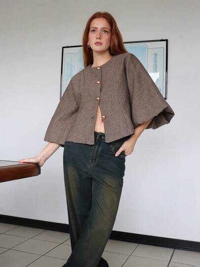 SILVIA DI SANTO 优雅复古法式女式浪漫约会奢华高端设计人字形圆领短款灯笼袖收腰金属纽扣西装外套