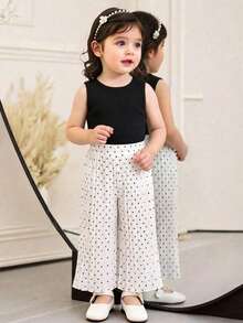 SHEIN Elegant & Cute Black Knit Camisole Top And Polka Dot Pleated Long Pants Set, Summer Top Set Of 2 Pieces, Black Textured Top With Classic Polka Dot Pleated Pants Suitable For Summer, Sports, Fitness, Casual Outings, And Social Events Baby Girl Summer Outfit Baby Girl Clothes 3t Summer Clothes Girl Sportswear Girls Summer Outfit Summer Clothes Girl Sportswear 3 Year Old Streetwear Girl - Multicolor - View 8