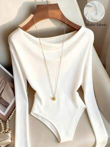 Franclia Women's Elegant Bodysuit White Draped Neckline Long Sleeves Glossy Fabric Suitable For Commuting Dates And Everyday Wear Women's White Bodysuit Beach Bodysuit Women's Holiday Bodysuit Women's Elegant Bodysuits - White - View 1