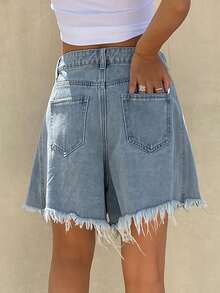 DAZY Quần short denim ống rộng, gấu quần rách, chất liệu denim mài, kiểu dáng thường ngày dành cho nữ, thích hợp cho mùa hè. - Rửa trung bình - Xem 2