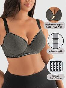 DesireSculpt Plus Size Women Textured Letter Decor Underwire Bra - Dark Grey - View 1