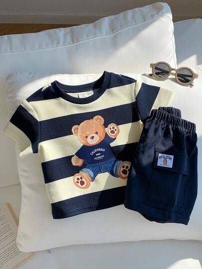 SHEIN 2pcs/Set Baby Boy Cute Casual Knit Blue Striped Bear Pattern Loose Short Sleeve T-Shirt And Blue Shorts Set, Suitable For Spring And Summer Outings