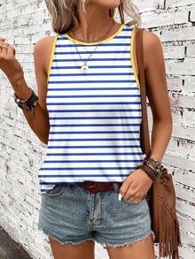 SHEIN LUNE 休闲简约地中海蓝黄条纹撞色背心，适合春夏度假穿着 - 彩色 - 查看 2