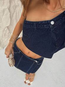 TRNVIE Women's Asymmetrical Shoulder Cut-Off Denim Blouse - Blue - View 7