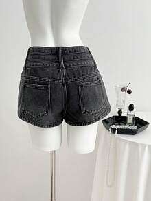 Elamini Women's Summer Washed Slant Pocket Denim Shorts - Black - View 2