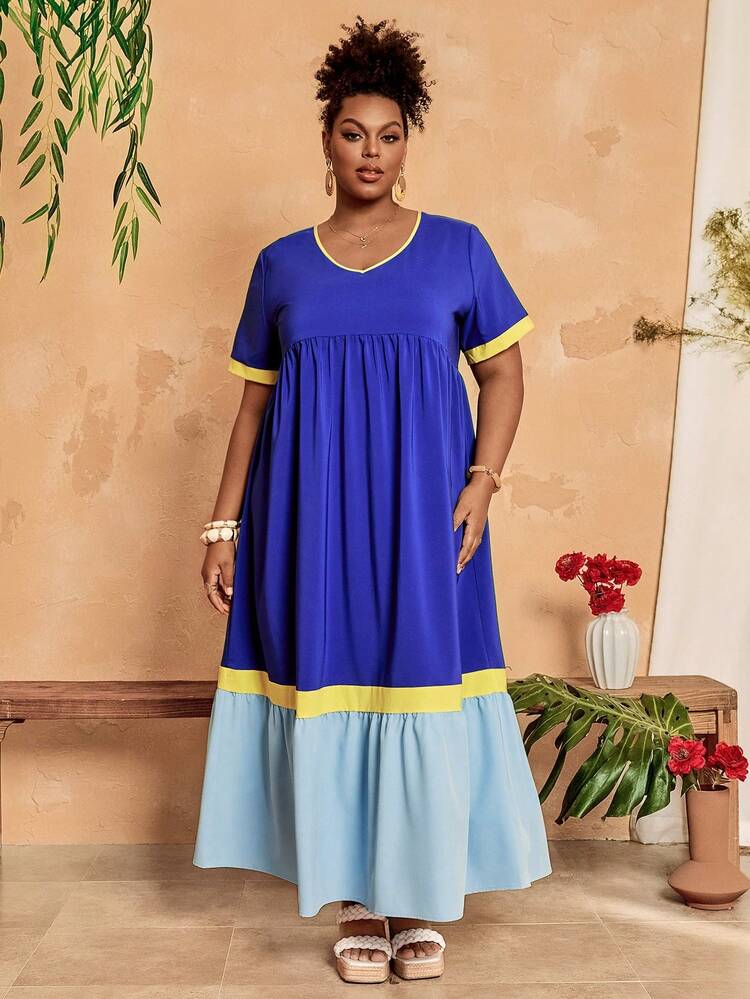 Plus Size Women Patchwork Ruched Casual Short Sleeve Dress, Suitable For Summer