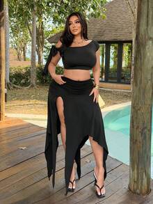 NU&NOW Plus Size Women's Black Asymmetrical Shoulder Tie-Up Blouse And Midi Skirt 2-Piece Set,Summer Night Out Club Vacation Holiday Elegant Formal Dresses - Black - View 6