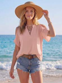 Sylviya Blusa popover con hombros descubiertos y mangas divididas, de manga corta, informal - Rosa vieja - Ver 1