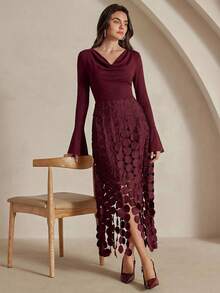 Anewsta 新款针织垂褶领口蕾丝拼接流苏下摆优雅派对连衣裙，红色 - 酒紅色 - 查看 3