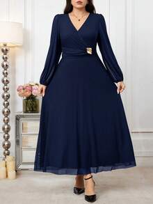 Modelyn Đầm công sở cỡ lớn thanh lịch với chi tiết trang trí kim loại ở eo. - Màu xanh hải quân - Xem 6
