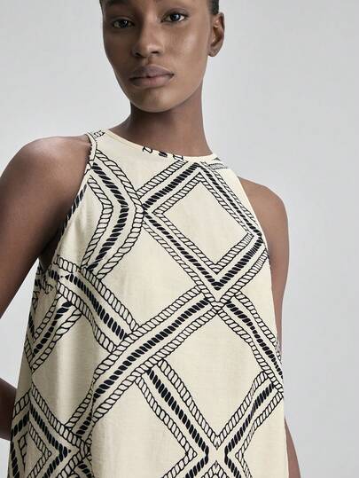 Ontre 2026 New Spring/Summer Women's Woven Fabric Outfit, Geometric Print Sleeveless Top And Wide-Leg Pants Set, Suitable For Office, Holidays And Occasions Like Valentine's Day And Weddings