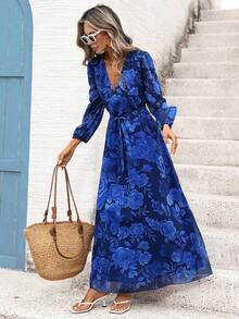 SHEIN Holidaya Đầm maxi chiffon dáng dài, cổ chữ V, tay phồng, thắt eo, in họa tiết hoa hồng Pháp lãng mạn, thích hợp cho kỳ nghỉ hè, hẹn hò hoặc mặc thường ngày. - Màu xanh lam - Xem 5