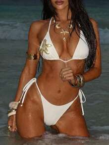 Aloruh 女士新款泳衣，纯色杏色比基尼套装，海洋风水钻装饰，魅力派对沙滩装，女士度假套装 - 杏色 - 查看 10