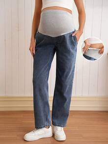 SHEIN Maternity Casual Straight Leg Jeans - Medium Wash - View 2