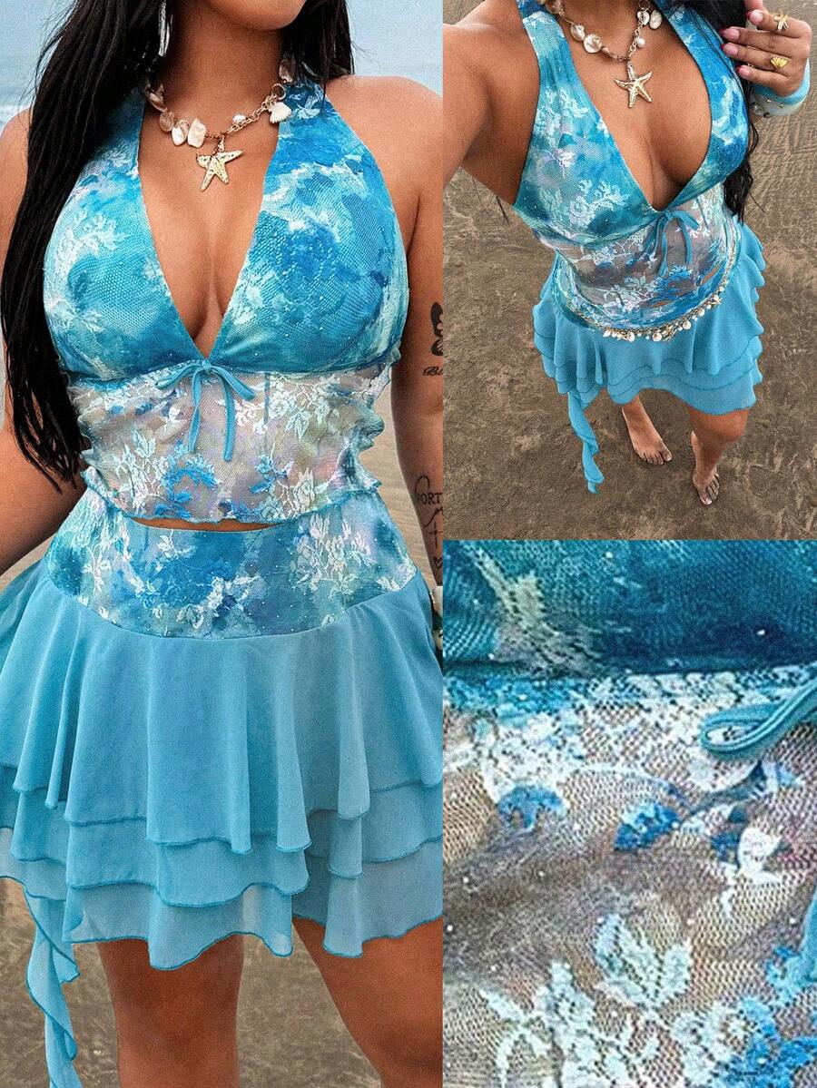 Rustia 女士吊带亮片领结无袖纯色蕾丝雪纺修身休闲夏季度假两件套，加大码 - 水鴨藍 - 查看 1