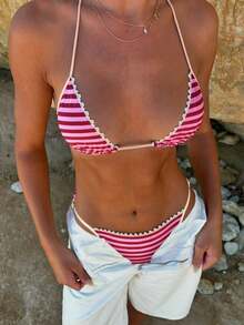 Swim Mod Sweet Cute Hot-Selling New Arrival Elegant Luxury Women's 2pcs Bikini Set; Red & Pink Striped Triangle Bikini Set , Contrast Cream Trim With Delicate Lace Edge,Halter Neck Tie , Y2K Hot Girl Style Swimsuit, Sexy Thong Bottom, Retro Inspired Swimwear Beachwear For Summer Beach Vacation, Pool Party, Sunbathing, Swimming, And Stylish Resort Looks, Music Festival,Mod&Vcay Vibes - Red - View 1