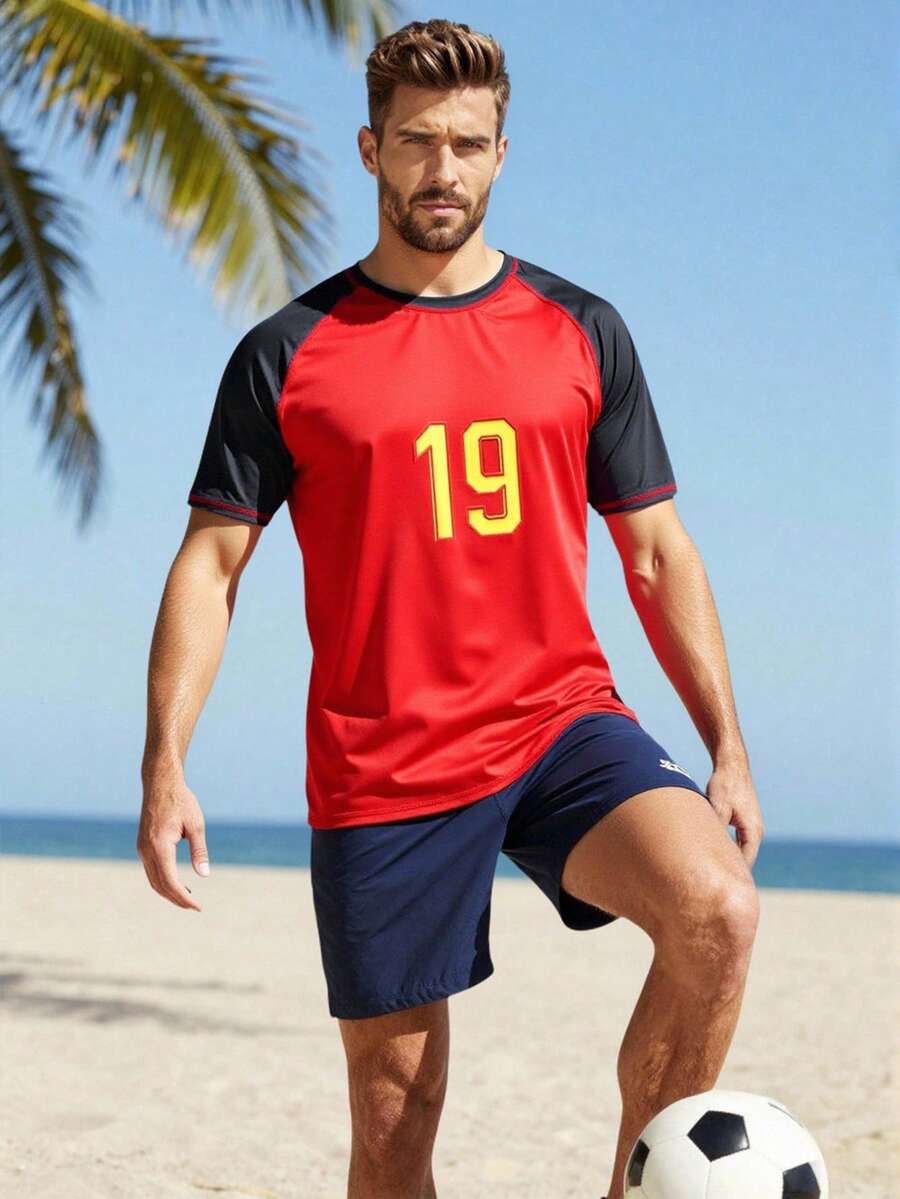 Palasendo Camiseta de protección solar de manga corta con estampado de dígitos para hombres - Rojo - Ver 1