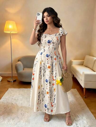 Elenzga Plus Size Women Long Waist Cinched Colorblock Ditsy Floral Cap Sleeve Dress
