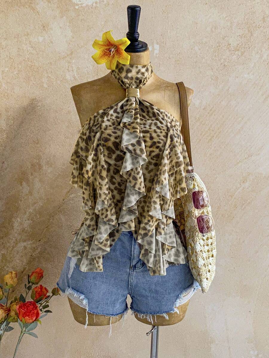 Soleia Beige Summer Boho Vacation Holiday Women Tank Top,Elegant Halter Metallic Decor Neck Tie Ruffle Mesh Polka Dot Beach Wedding Guest Graduation Attire - Multicolor - View 1