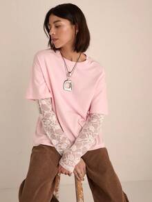Easelle Women's Color Block Lace Patchwork Crew Neck Long Sleeve T-Shirt Casual Summer Spring Going Out Pink Top - Pink - View 5
