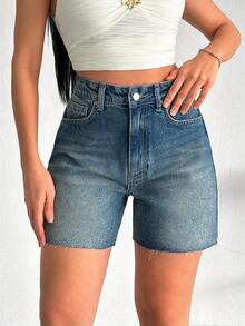 SHEIN Hög midja damjeanshorts i mellanblått, avslappnad stil - Ljustvätt - Visa 6
