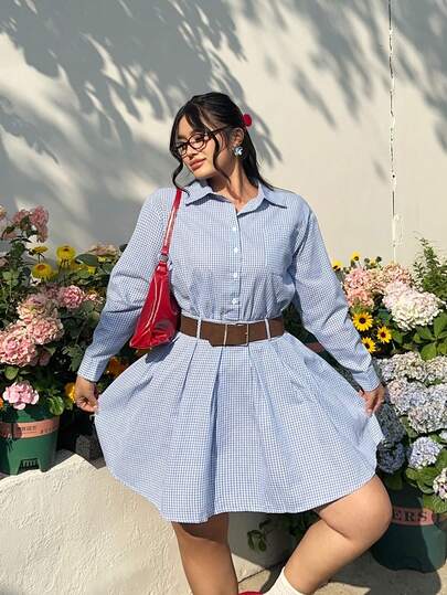 GalTyme Plus Size Blue Plaid Casual/Work/Date Midi Dress, Collegiate Style, Fall /Autumn/Winter/Summer,Christmas,New Year,Thanksgiving,Party,Wedding,Beach,Graduati,Chic,Elegant,Casual,Going Out,Date,Appointment,Commute,Valentine's Day