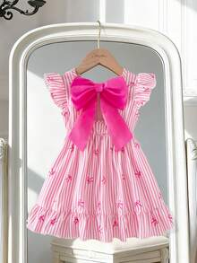 Souflis Souflis 法式女童浅粉色条纹蝴蝶结印花喇叭袖露背蝴蝶结装饰休闲连衣裙，甜美时尚，适合外出、上学、玩耍等各种场合。 - 粉色 - 查看 3