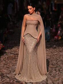 Glamrae 优雅香槟色无肩带手工3D串珠新颖廓形下摆奢华亮片美人鱼礼服（可拆卸挂脖）适合约会、度假、单身派对、婚礼、正式晚宴等场合 - 香檳色 - 查看 8