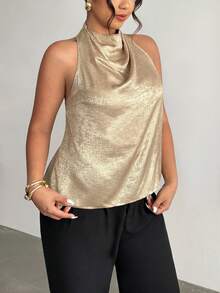 Firerie Women's Casual And Elegant Commuting Gold Satin Halter-Back Turtleneck Top/New Year Look/Sexy Top/Sparkly Top/Party Top/Old Money Style Top/Gold Top - Gold - View 3