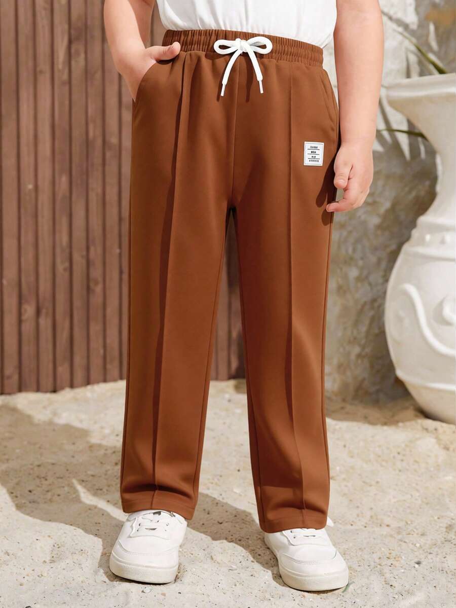 SHEIN Tween Boys' Letter Print Drawstring Waist Pocket Casual Pants - Brown - View 1