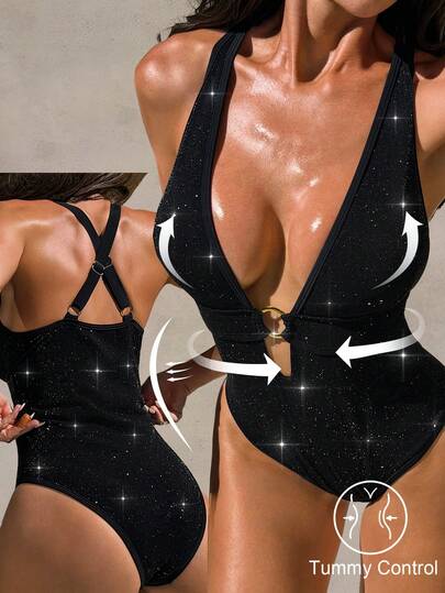 Shapewave 26SS 塑身V领黑色银色金属质感连体泳衣，性感派对音乐节度假沙滩装