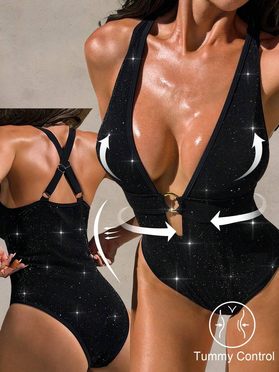 Shapewave 26SS 塑身V领黑色银色金属质感连体泳衣，性感派对音乐节度假沙滩装 - 黑色 - 查看 1