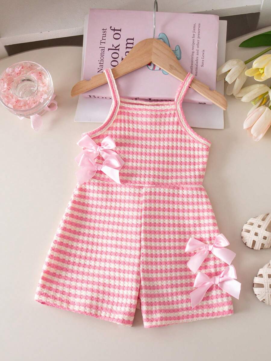 SHEIN Bộ áo liền quần ngắn không tay, co giãn, có nơ trang trí, thích hợp cho bé gái mùa hè, màu hồng. - Hồng - Xem 1