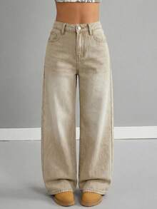 SHEIN Quần jean ống rộng cạp thấp màu xanh dương kiểu retro dành cho bé gái - Màu Khaki - Xem 5