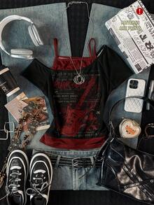 Attitoon Women's Retro Contrast Color Short Sleeve T-Shirt,Red Guitar Rock & Roll Graphic Print,Grunge Vintage Chic,Y2K Black Summer Streetwear Concert Tee - Multicolor - View 1