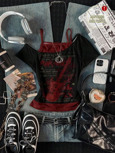 Attitoon 女士休闲复古撞色短袖T恤，红色吉他摇滚风格印花，颓废复古风，Y2K风格，适合春夏音乐节穿着