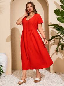 Vestido a cuadros de manga corta y cuello en V para mujer de talla, para vacaciones de verano - Naranja Coral - Ver 3